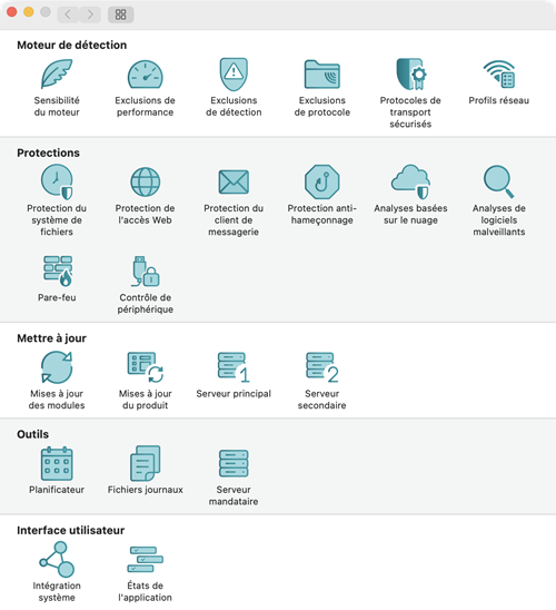 Menu des préférences de l'application