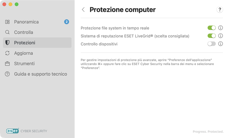 Opzioni di protezione + aggiornamento del computer