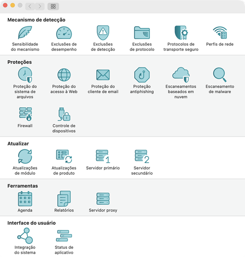 Menu de preferências do aplicativo