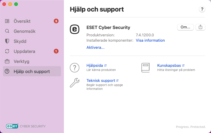 Information om hjälp och support