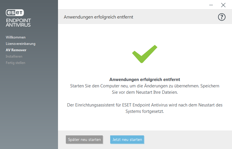 Neu starten und Installation fortsetzen