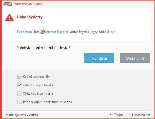 Hälytysikkuna - uhka havaittu Hälytysikkuna - uhka havaittu