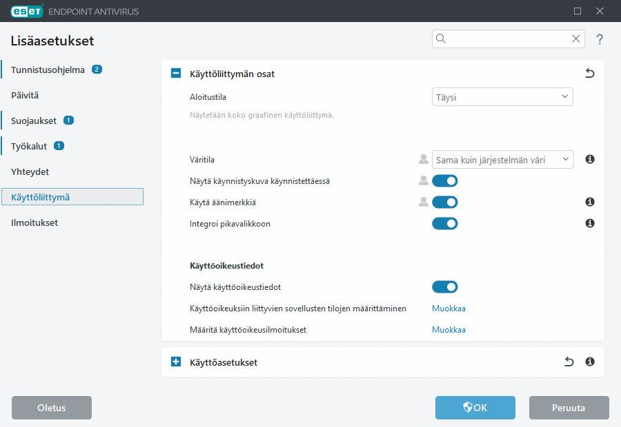 Käyttöliittymäelementtien lisäasetukset Käyttöliittymäelementtien lisäasetukset