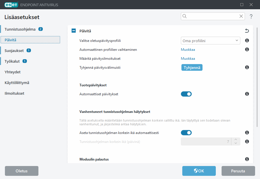 Moduulin palautuksen lisäasetukset Moduulin palautuksen lisäasetukset