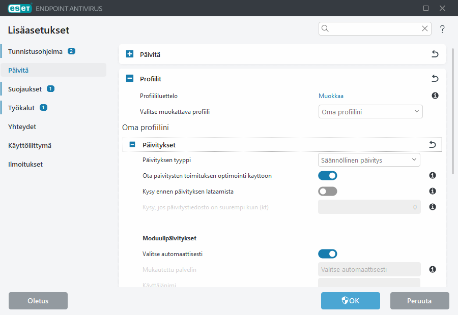 Päivitysten lisäasetukset Päivitysten lisäasetukset