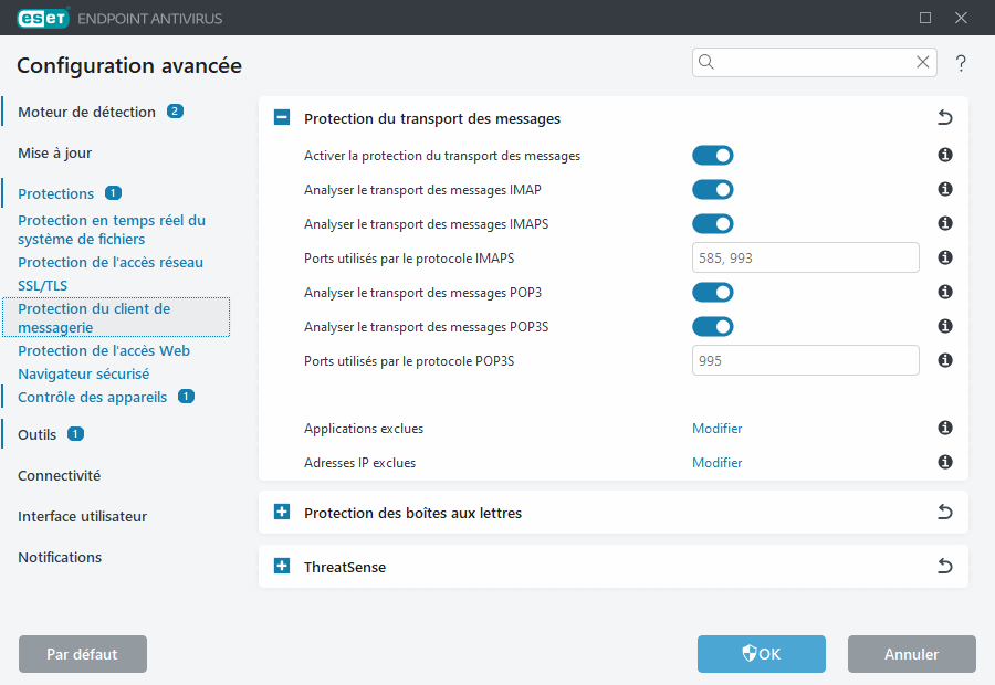 Configurations avancées de la protection du transport des messages