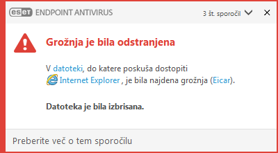 Okno z obvestili – grožnja je odstranjena