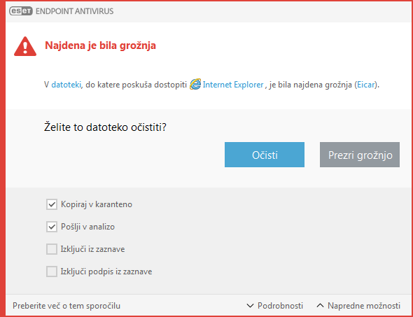 Okno z opozorilom – najdena grožnja
