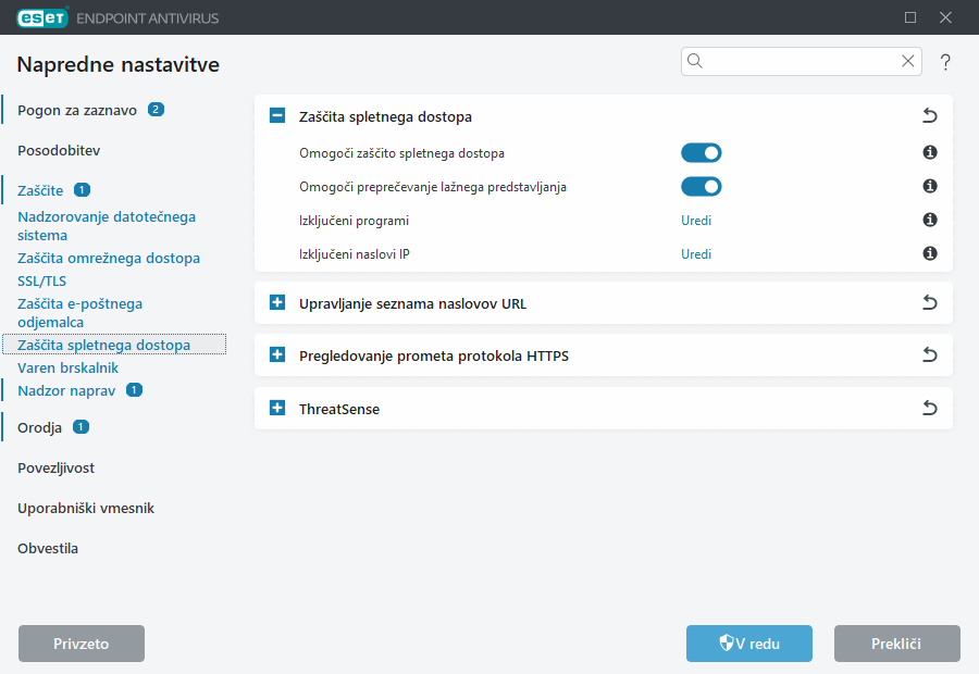 Napredne nastavitve zaščite dostopa do spleta Napredne nastavitve zaščite dostopa do spleta