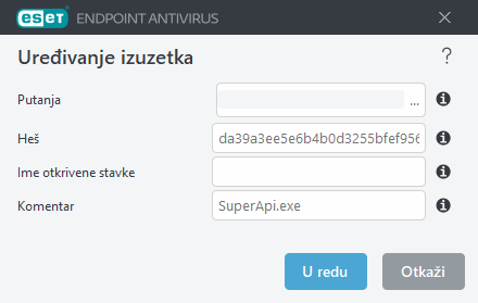 Uredite heš izuzetka Uredite heš izuzetka