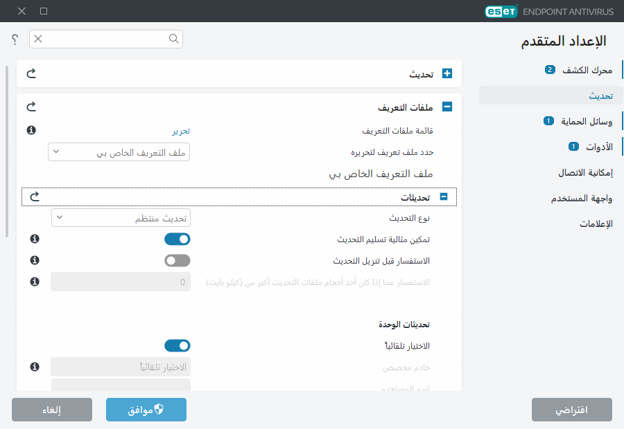 الإعداد المتقدم للنسخة المتطابقة للتحديث