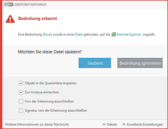 Warnfenster – Bedrohung gefunden