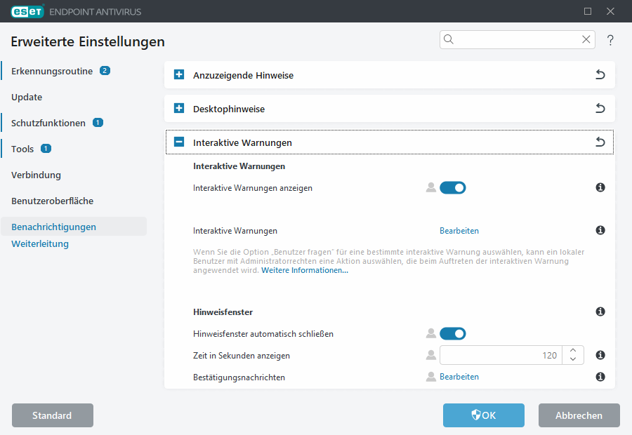 Erweiterte Einstellungen für interaktive Warnungen