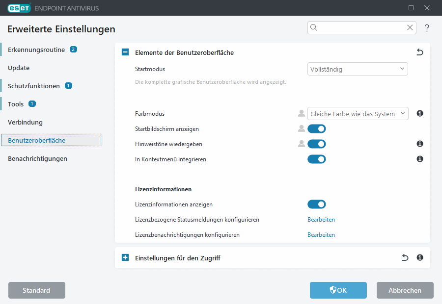 Erweiterte Einstellungen für Elemente der Benutzeroberfläche