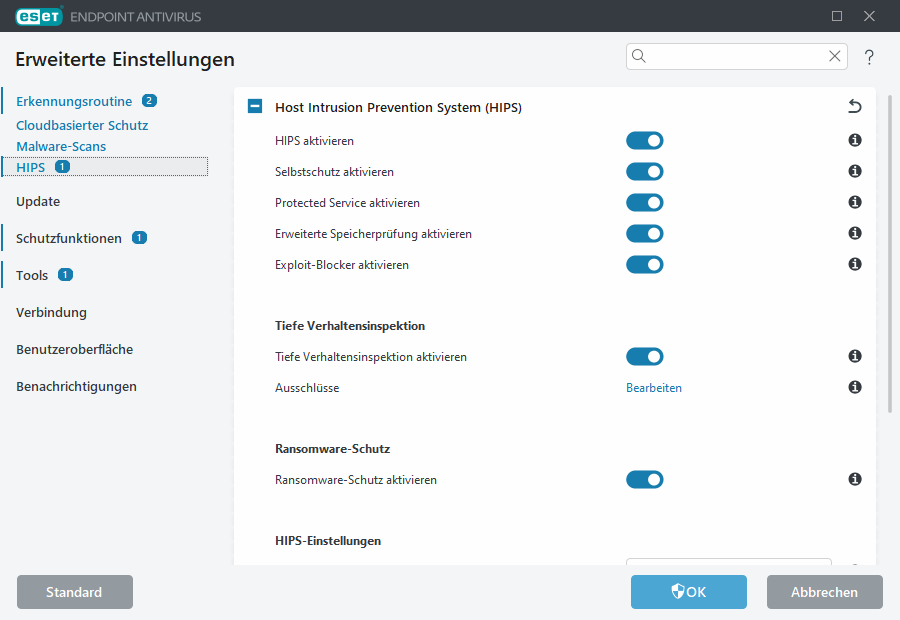 Erweiterte Einstellungen für HIPS