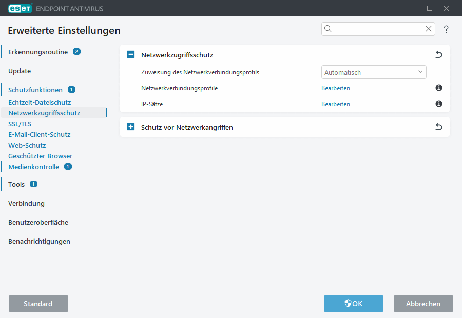 Erweiterte Einstellungen für den Netzwerkzugriffsschutz