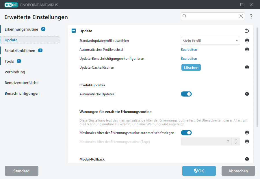 Erweiterte Einstellungen für Modul-Rollbacks
