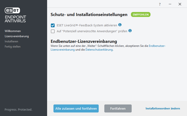 Einstellungen und Endbenutzer-Lizenzvereinbarung