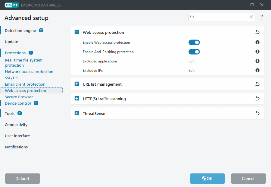 Web access protection Advanced setup