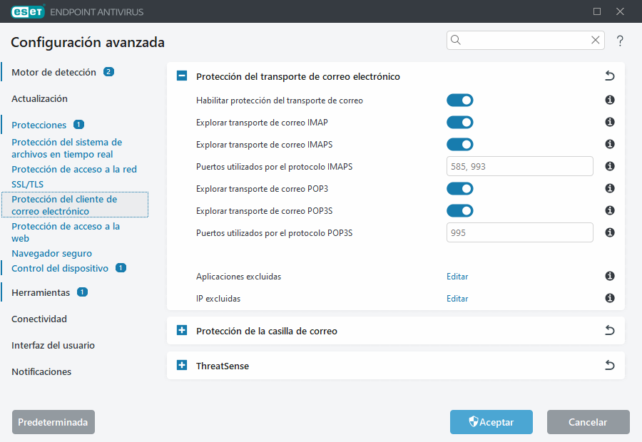 Configuración avanzada de la protección del transporte de correo electrónico