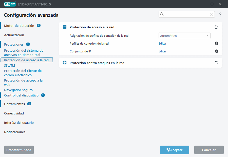 Configuración avanzada de protección de acceso a la red