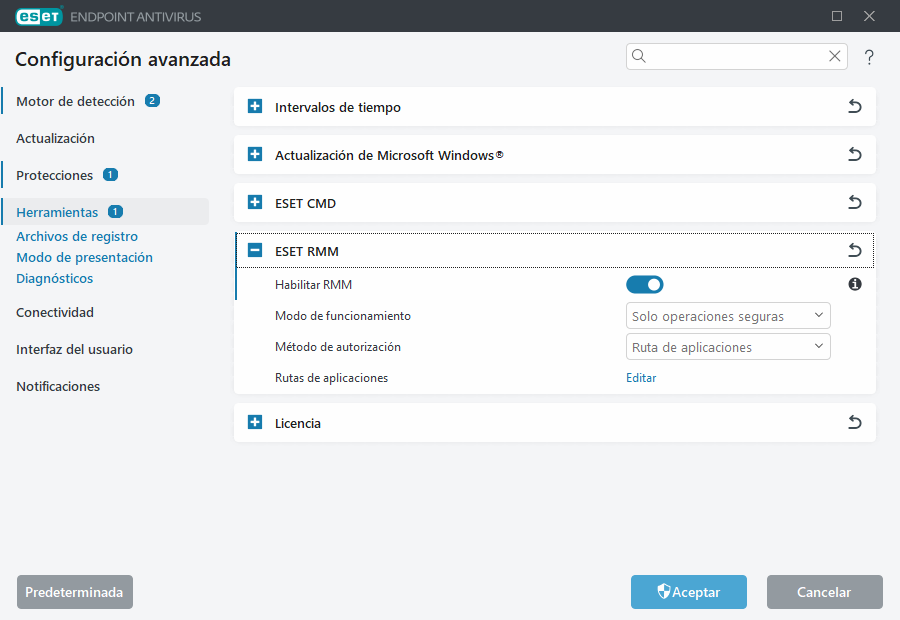 Configuración avanzada de ESET RMM
