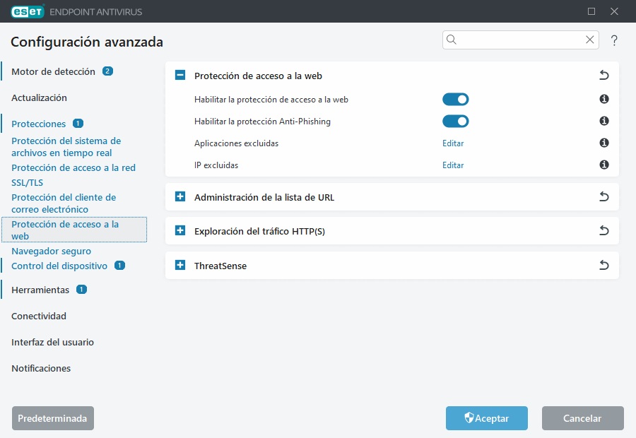 Configuración avanzada de protección de acceso a la red
