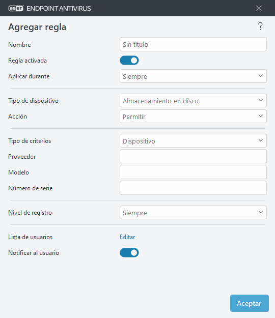 Agregar regla de control de dispositivos