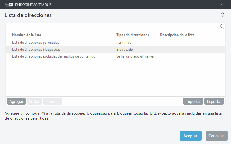 Lista de direcciones