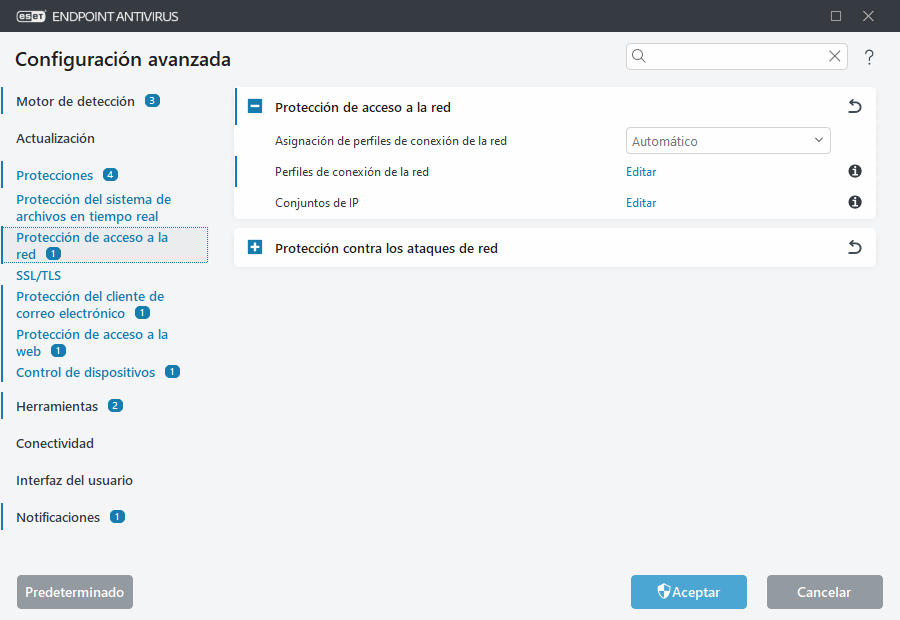 Configuración avanzada de protección de acceso a la red