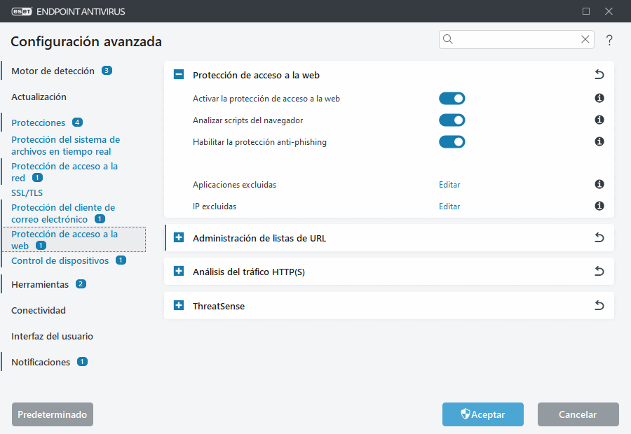 Configuración avanzada de protección de acceso a la red
