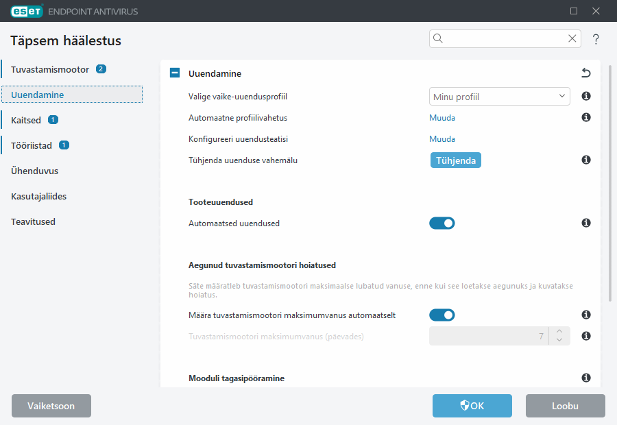 Mooduli tagasivõtmise täpsem häälestus