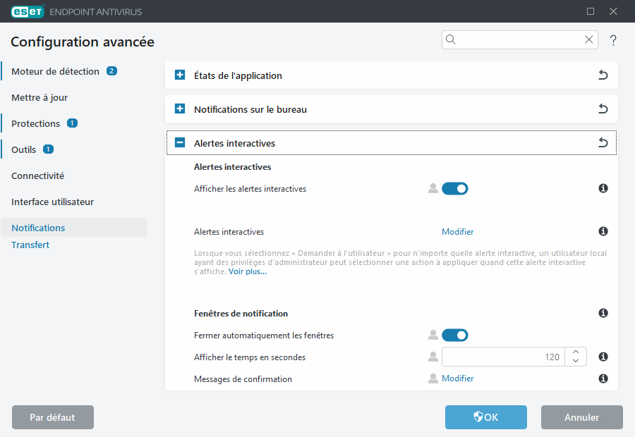 Configuration avancée des alertes interactives
