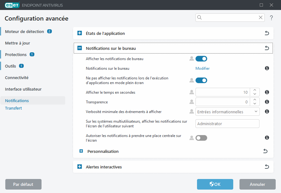 Configuration avancée des notifications de bureau
