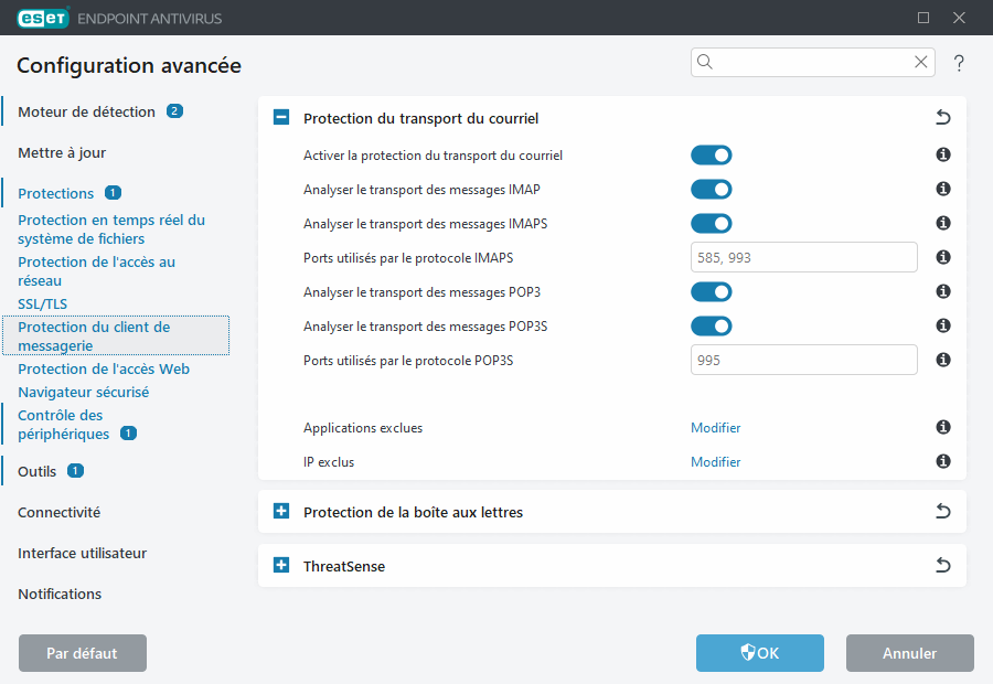 Configuration avancée de la protection du transport du courriel