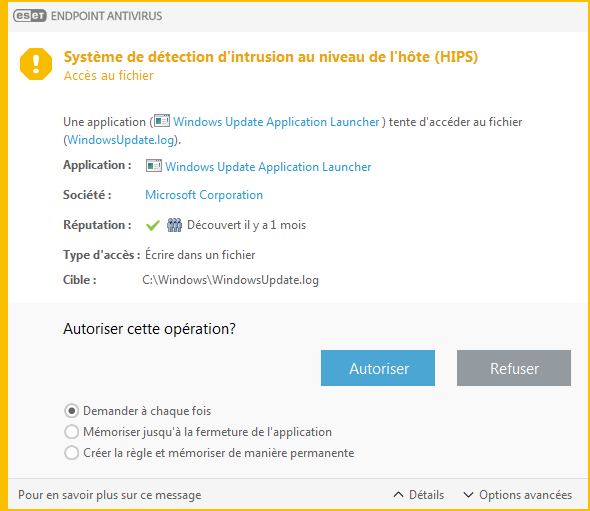 Notification du système de prévention des intrusions hôtes (HIPS)