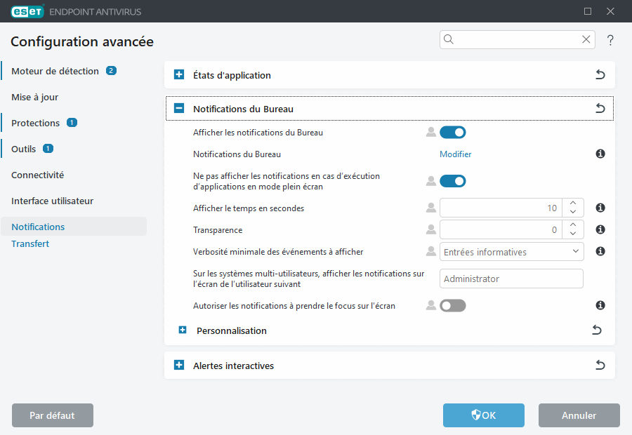 Configurations avancées des notifications du Bureau