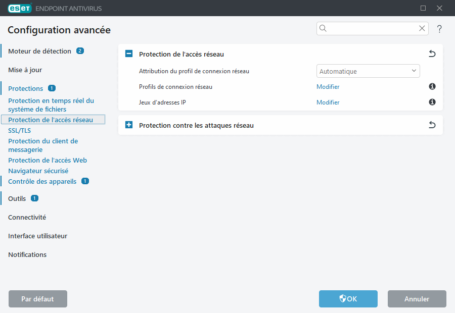 Configurations avancées de la protection de l'accès réseau