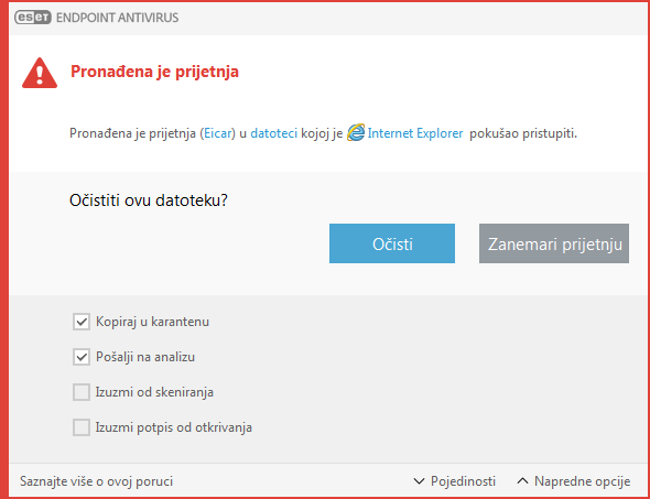 Prozor upozorenja – pronađena je prijetnja