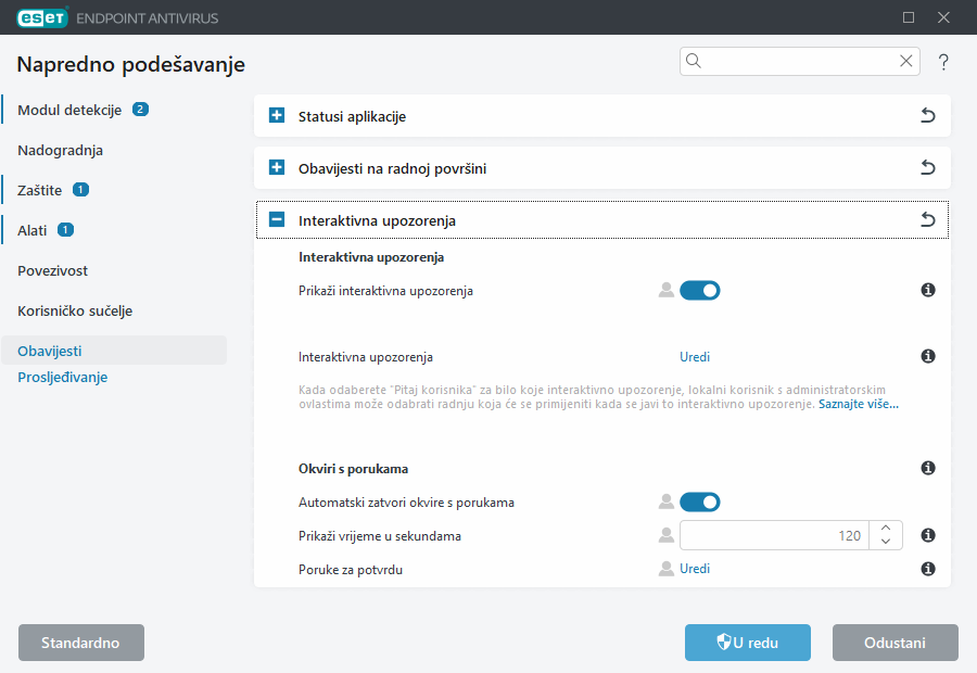 Napredno podešavanje interaktivnih upozorenja