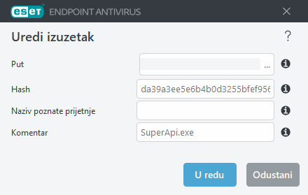 Uređivanje hasha za izuzimanje