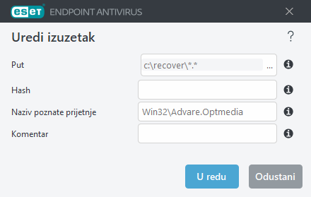 Uređivanje prijetnje za izuzimanje