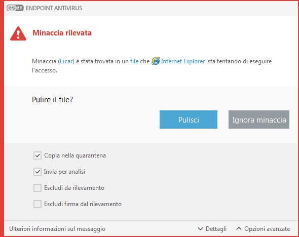 Finestra di avviso – Minaccia trovata