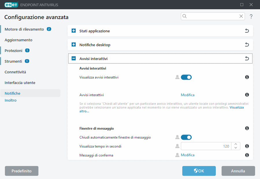 Configurazione avanzata avvisi interattivi