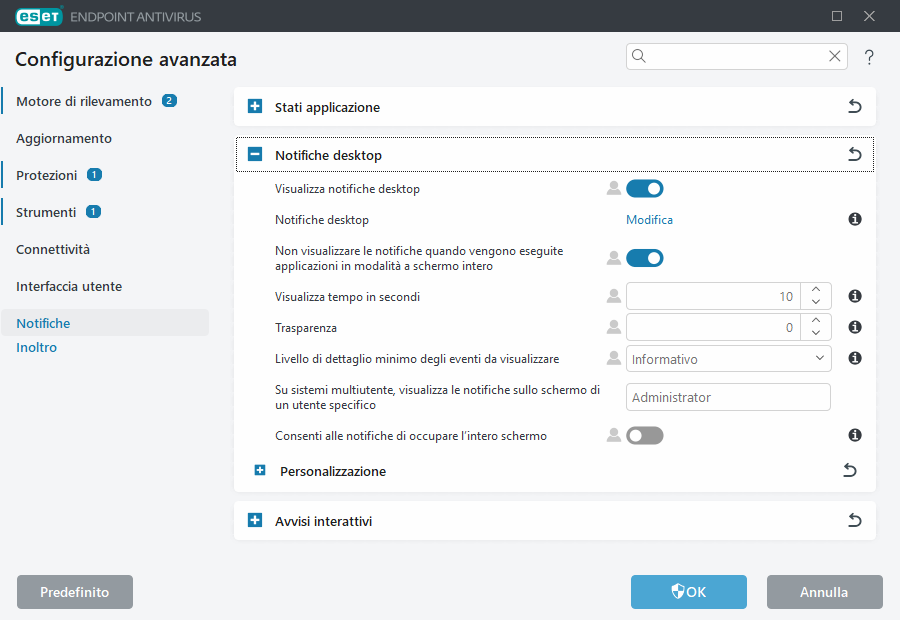 Configurazione avanzata notifiche desktop