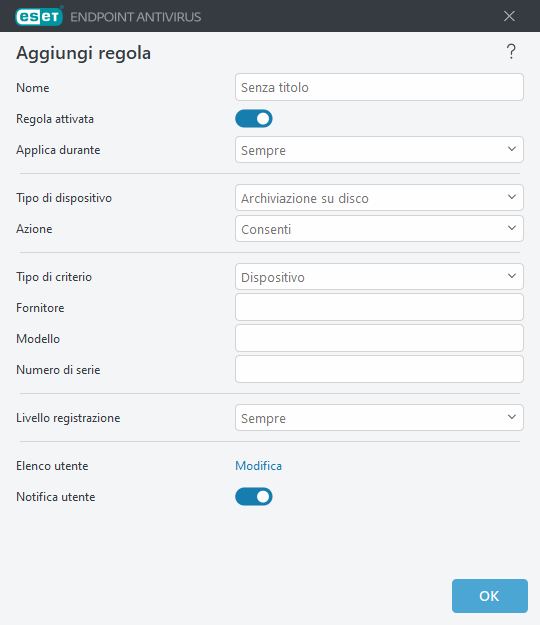 Aggiungi regola controllo dispositivi