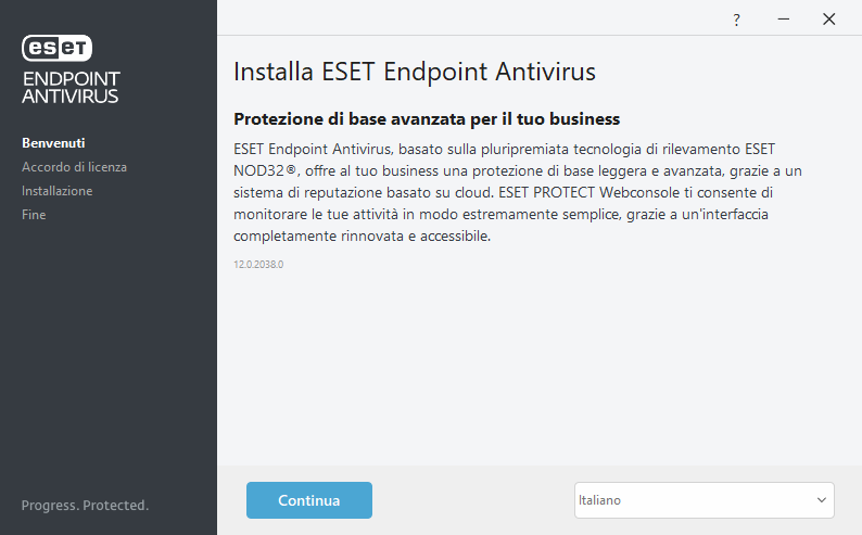 Schermata di benvenuto installazione