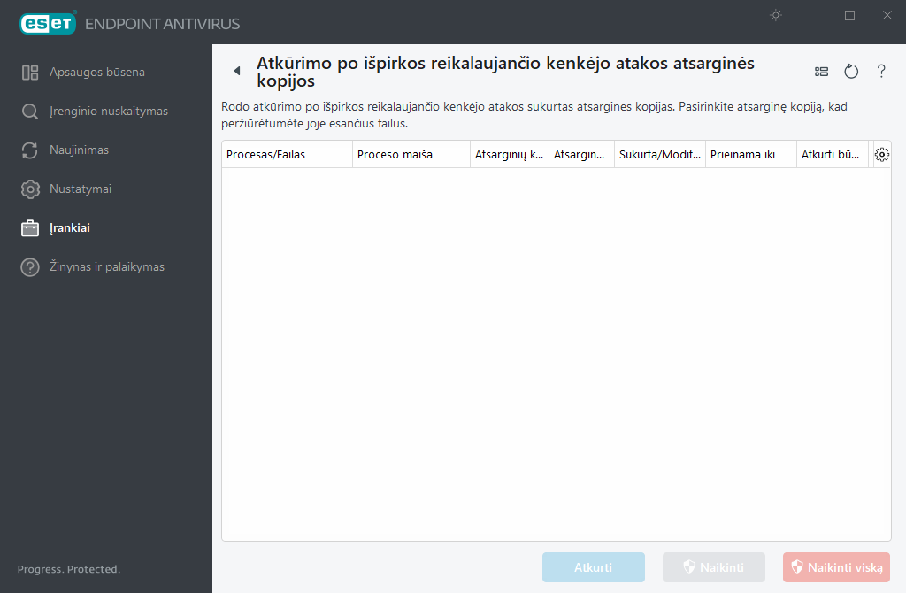 Atkūrimo po išpirkos reikalaujančio kenkėjo atakos atsarginės kopijos valdymas