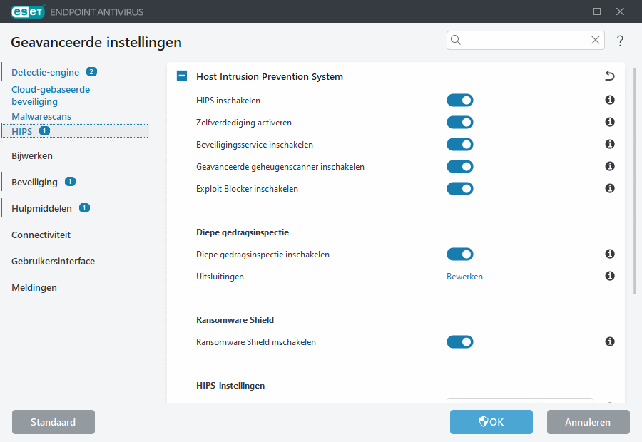 Geavanceerde instellingen voor HIPS (Host-based Intrusion Prevention System)