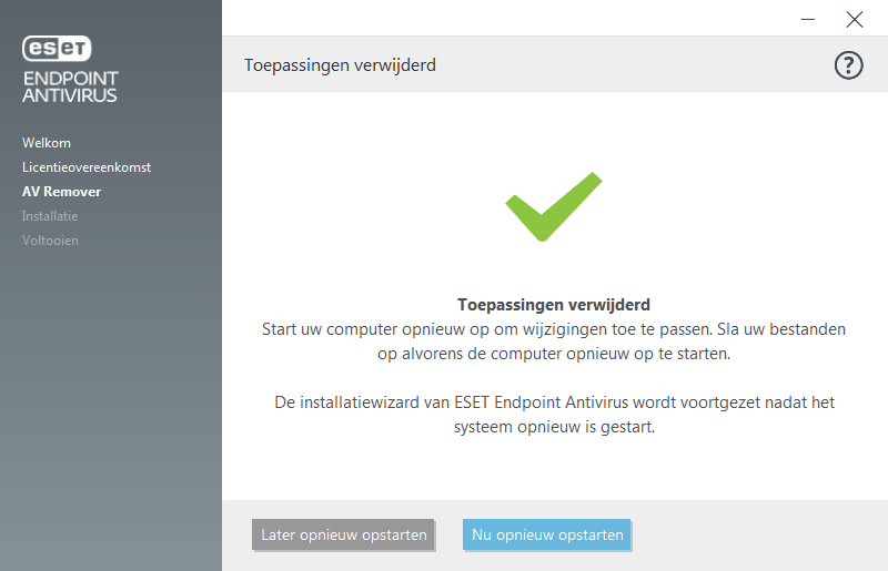 Opnieuw opstarten en doorgaan met de installatie